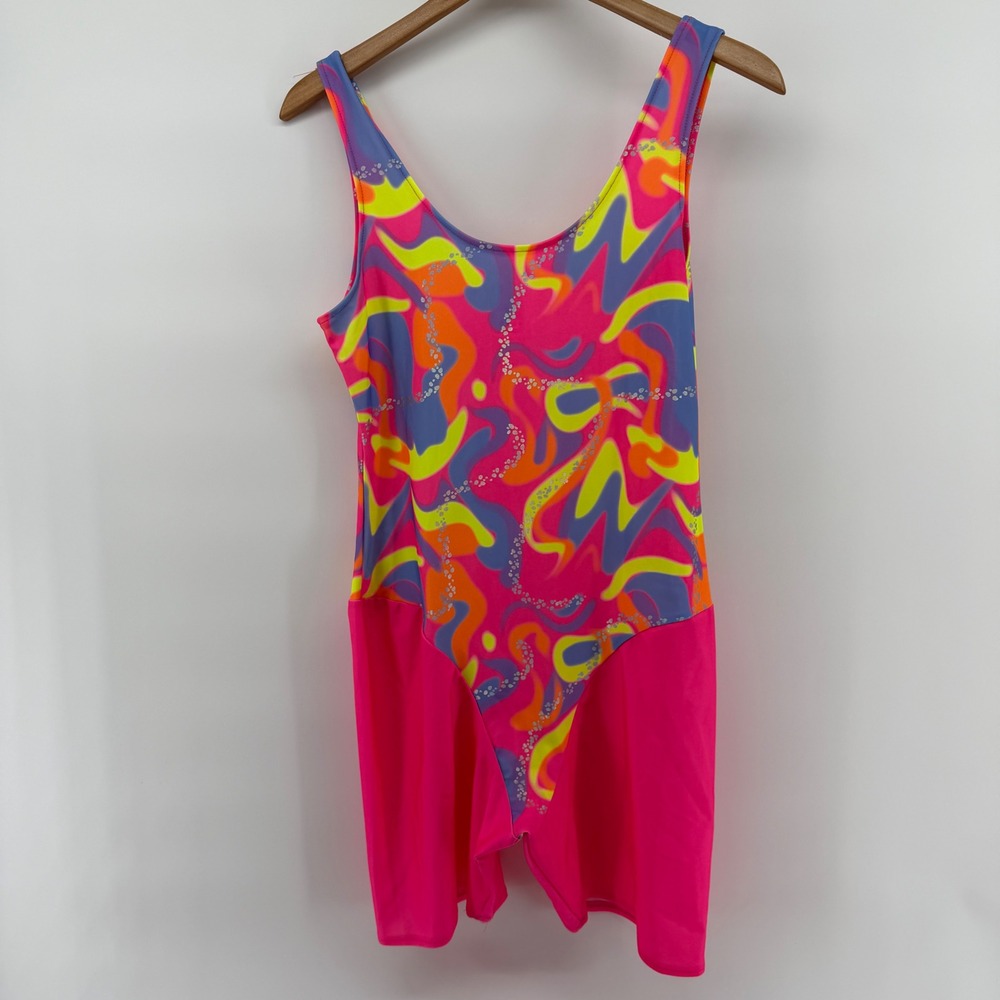 Barbie Neon Swirl Leotard with Shorts Pink Multi Womens Large 12-14 costume